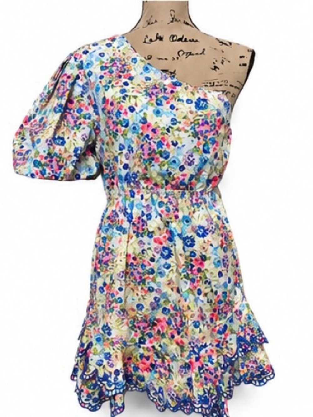 RESET Romantic Floral 1 Shoulder Mini Dress Puff Sleeve Boho Cottagecore Size L